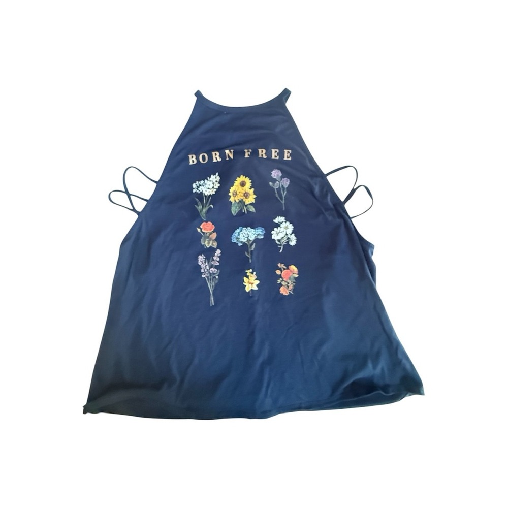 Born Free Floral High Neck Halter Tank Top Navy Blue Kids Side Straps